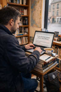 rédacteur web travaillant sur le contenu d’un site web à Rennes dans une librairie bretonne avec ordinateur portable et livres sur la Bretagne